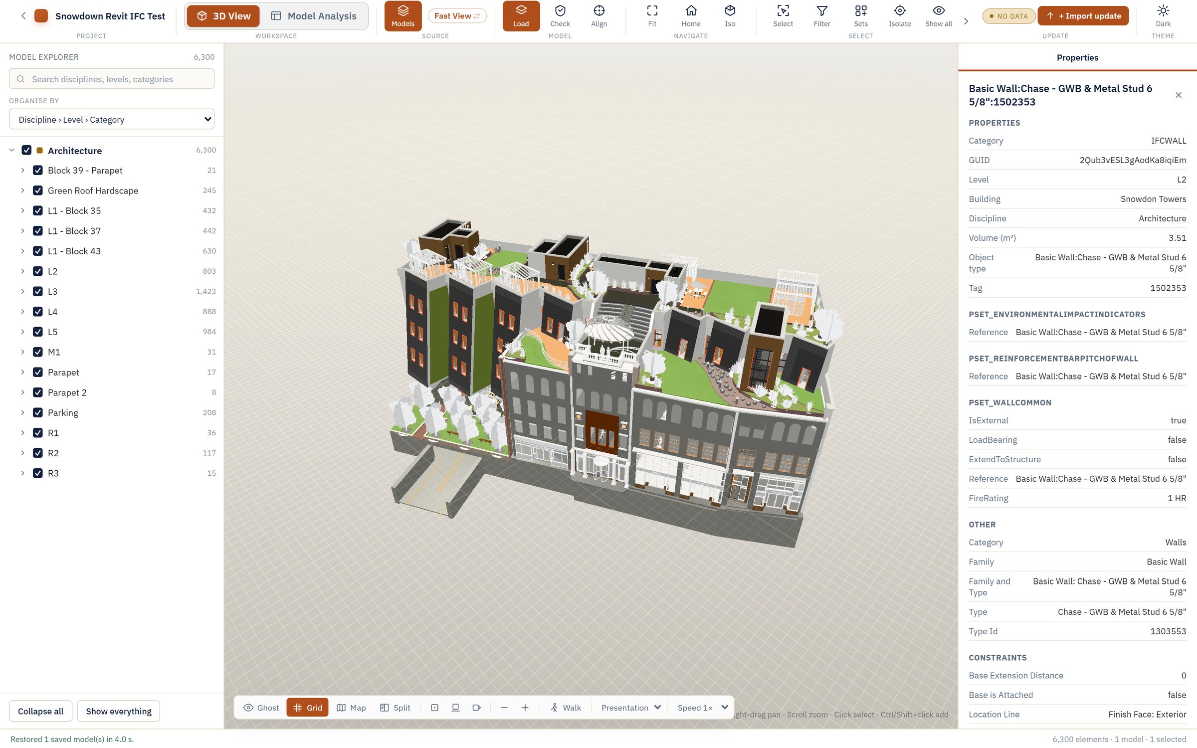 BIM Engine 3D view with element properties